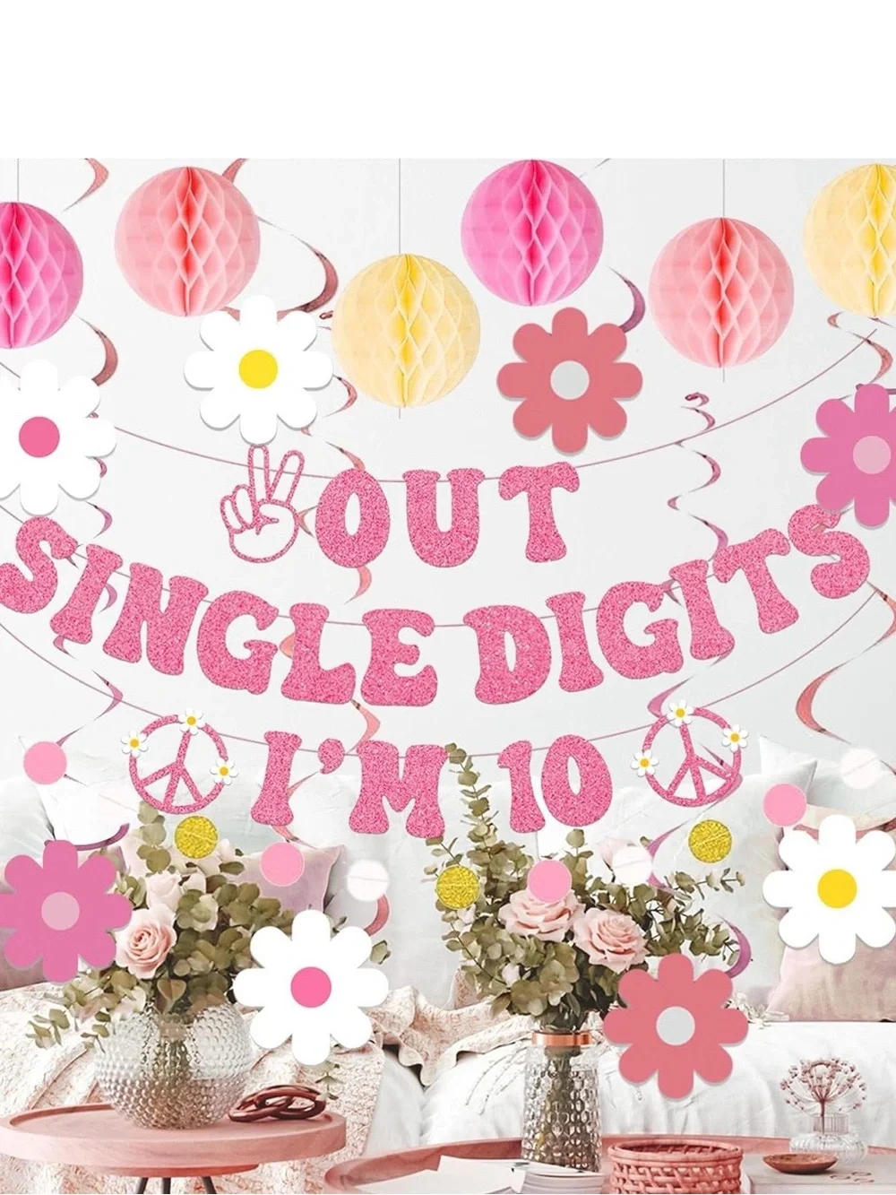 Out of Single Digits I'm 10 Pink Party Banner and Hanging Decorations -